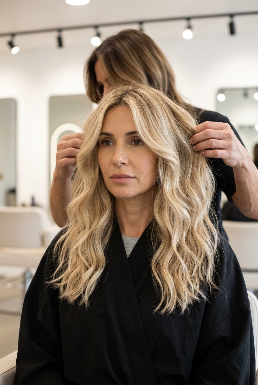long subtly layered haircut buttercream blonde with honey lowlights, face-framing pieces — romantic, effortless