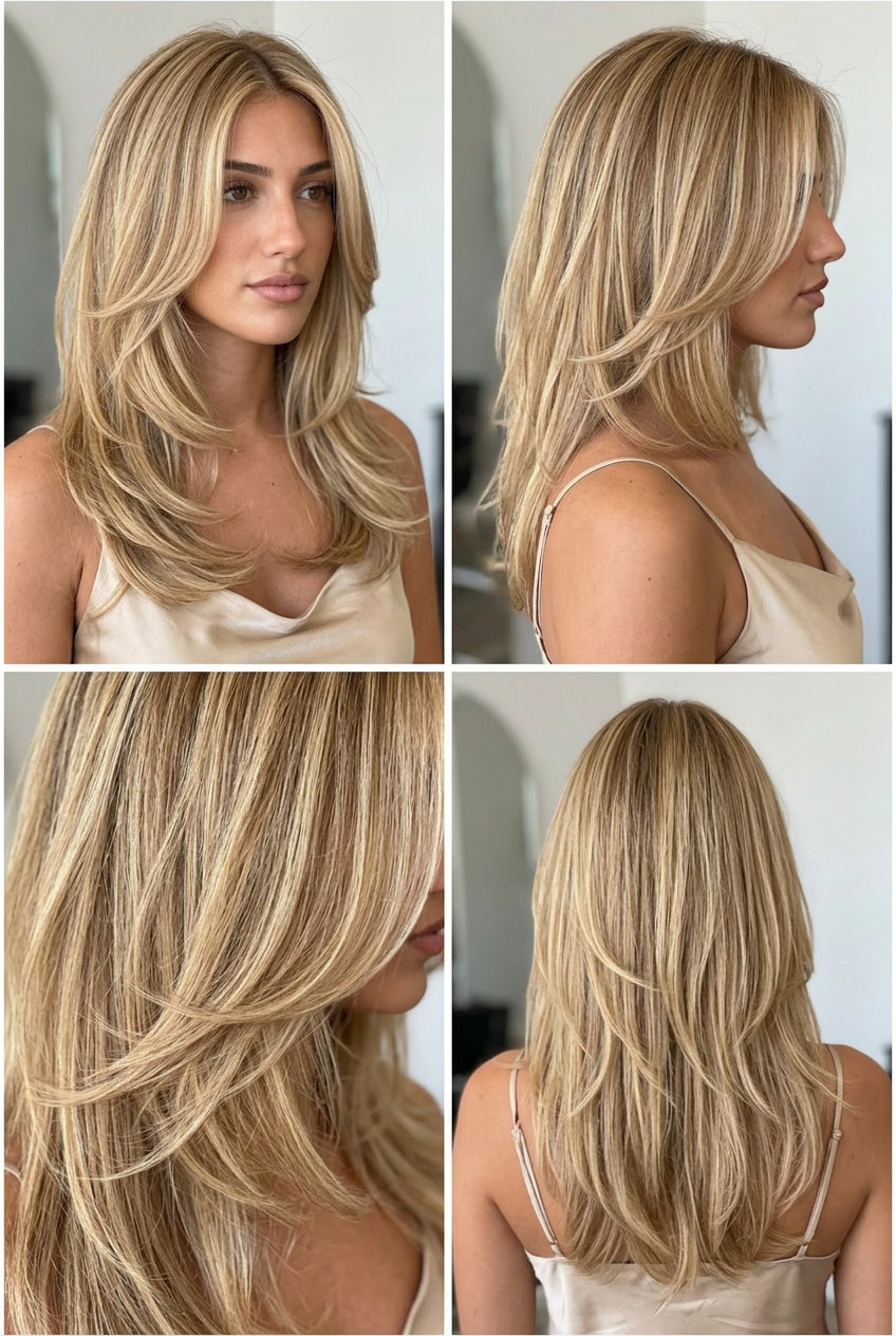 '90s Supermodel Layers in Buttercream Blonde 2026 long haircut with face-framing layers in buttercream blonde for summer