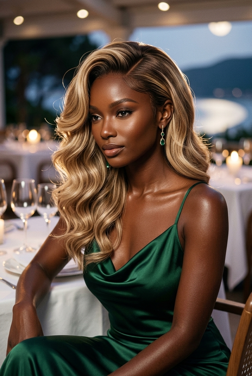 long side-swept waves with buttercream blonde and warm gold highlights, bold glamorous style for events