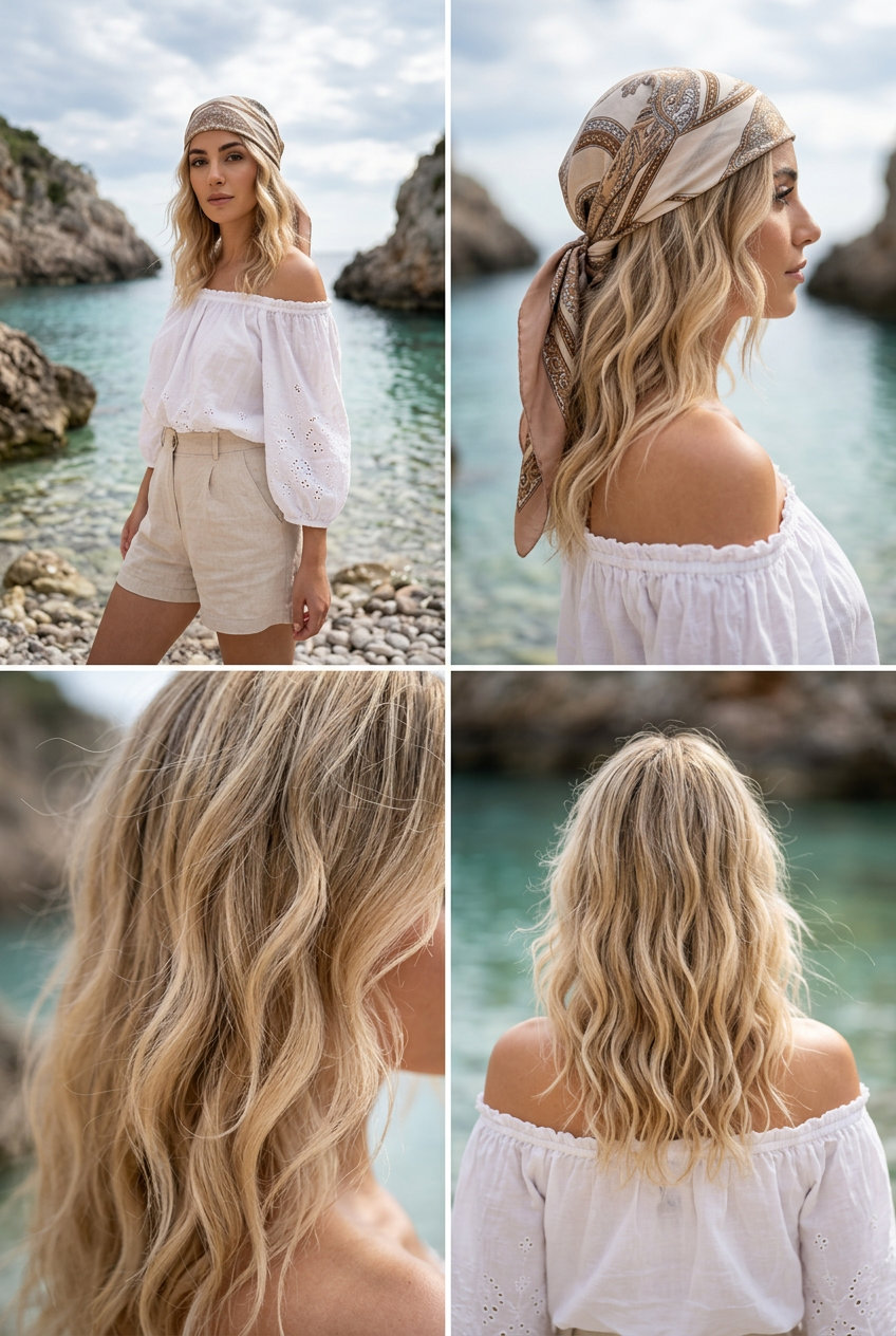 long buttercream blonde beachy waves with honey lowlights, air-dried texture, and scarf hat for romantic beach day