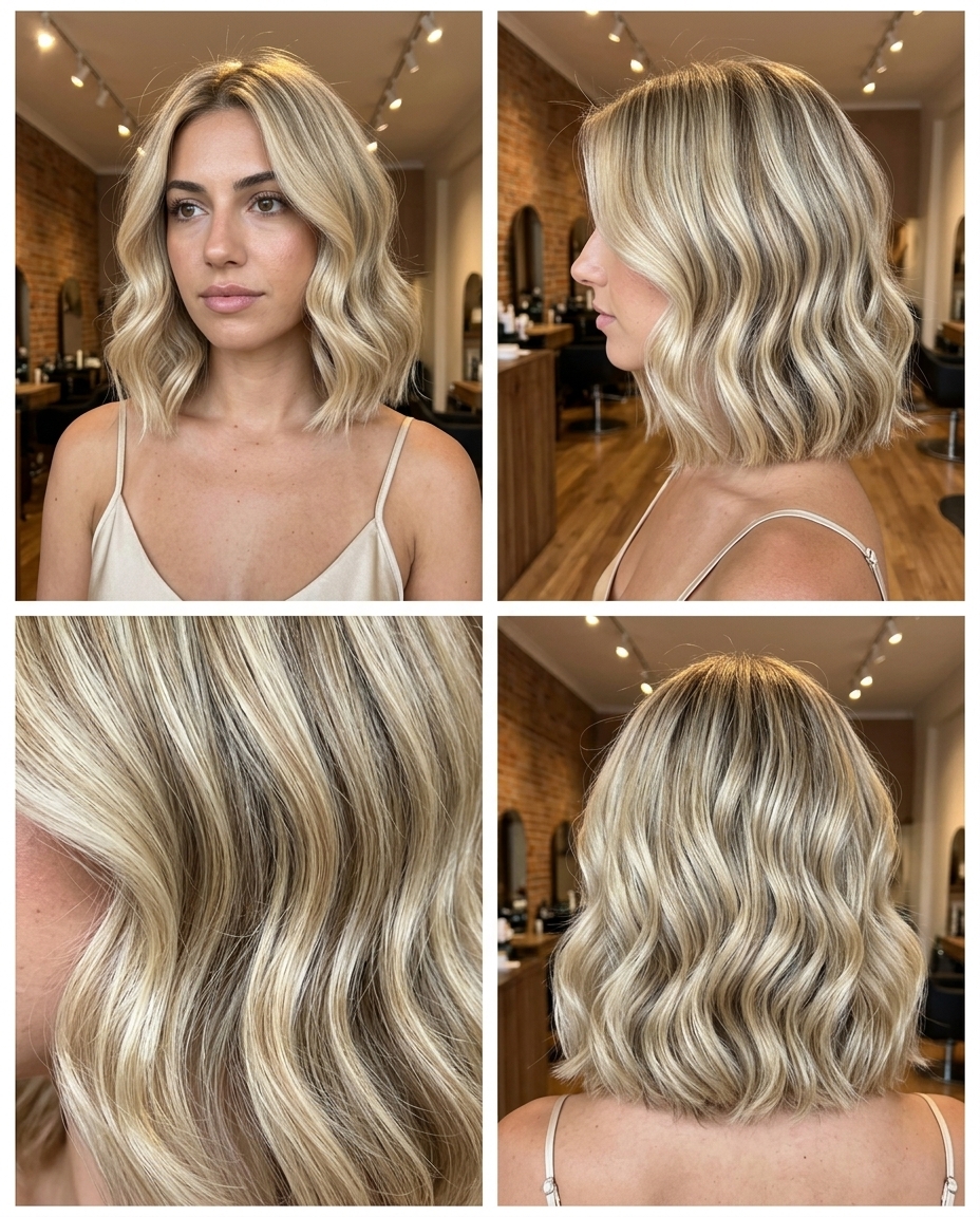 medium midi bob in buttercream blonde with vanilla bean highlights for formal events