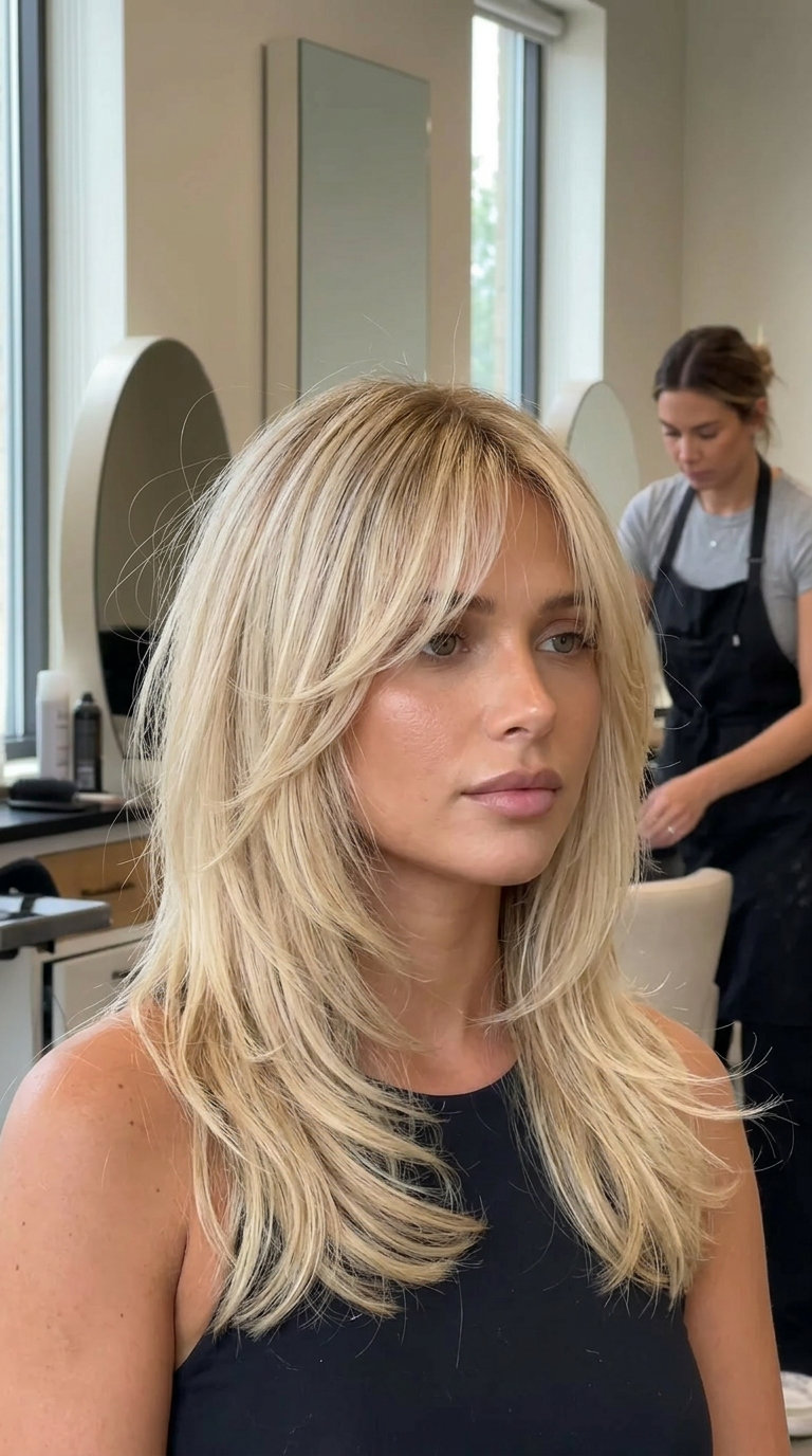 Effortless Buttercream Blonde Shag with Wispy Bangs 2026 medium shag haircut with buttercream blonde, razored layers, wispy bangs for summer
