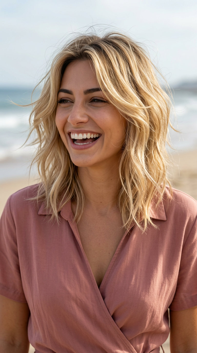 medium buttercream blonde wolf cut with wispy layers and face-framing pieces for summer