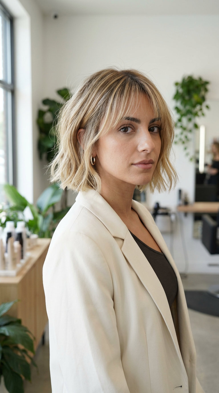 short soft bob haircut with buttercream blonde, honey babylights, and wispy fringe for brunch