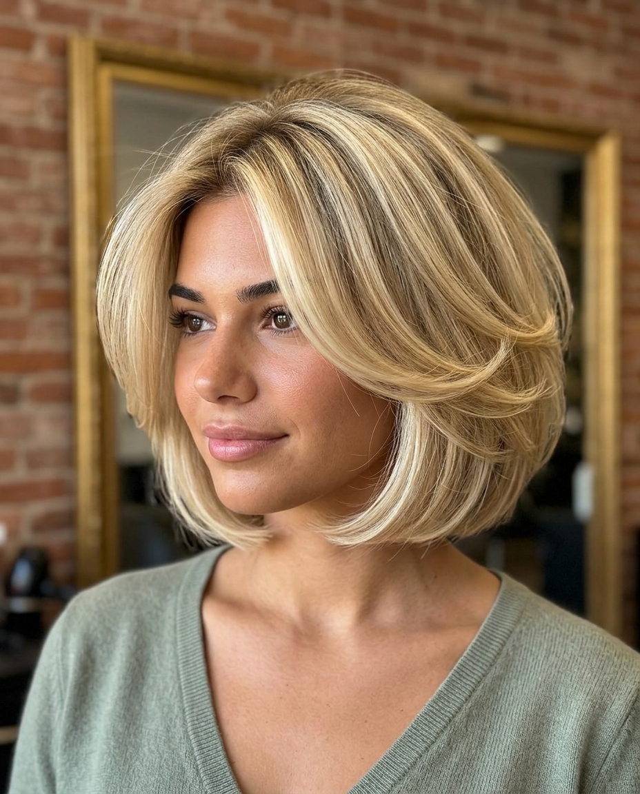 short rounded bob haircut in Butter-Cream Blonde with heavy layers and face-framing for date night