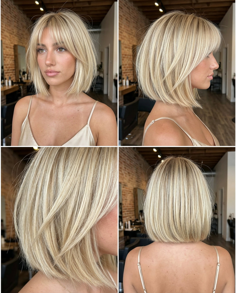 short french bob haircut with warm buttercream blonde, pale gold lowlights, asymmetrical blunt fringe, point-cut ends — edgy statement