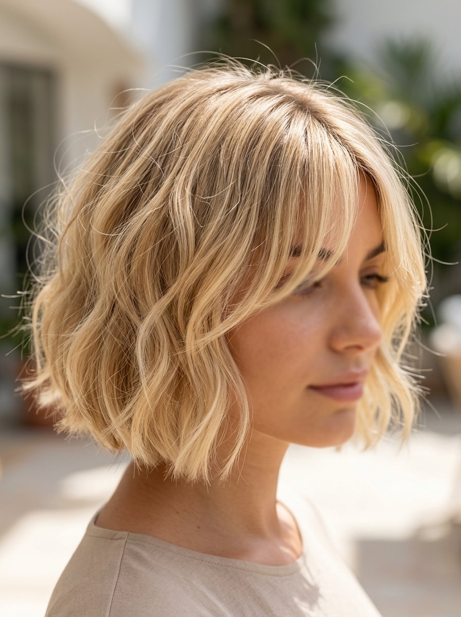 short french bob haircut with buttercream blonde, pale gold babylights, curtain bangs, internal layers — romantic wavy style