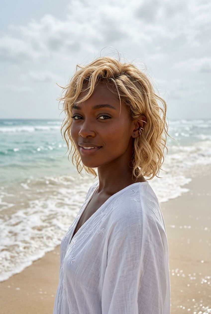 short buttercream blonde french crop with sun-bleached highlights and natural waves for summer
