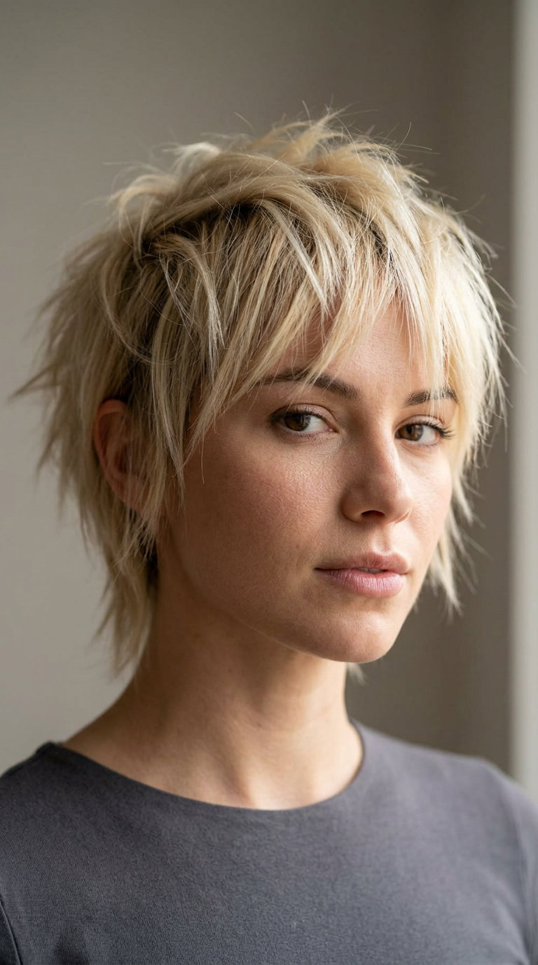 short buttercream blonde micro-wolf cut with spiky layers and blunt bangs for edgy look