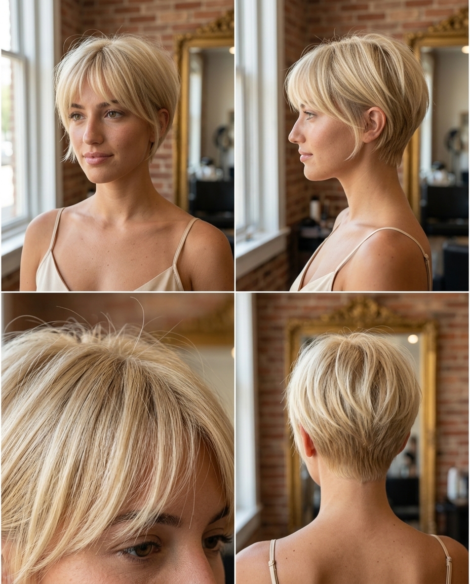 short soft crop pixie with creamy buttercream blonde, feathered ends, wispy bangs — romantic date night
