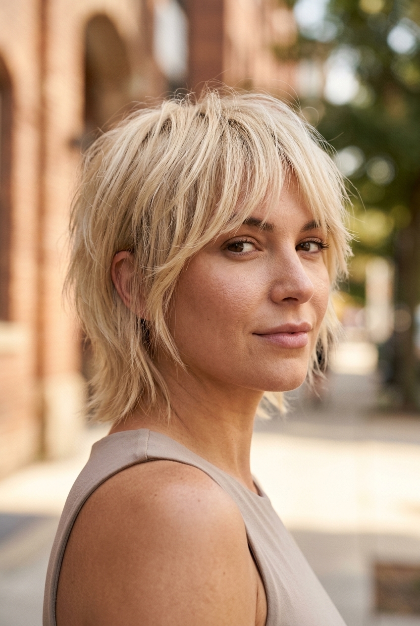 short choppy shag haircut with buttercream blonde babylights and root smudge for festivals