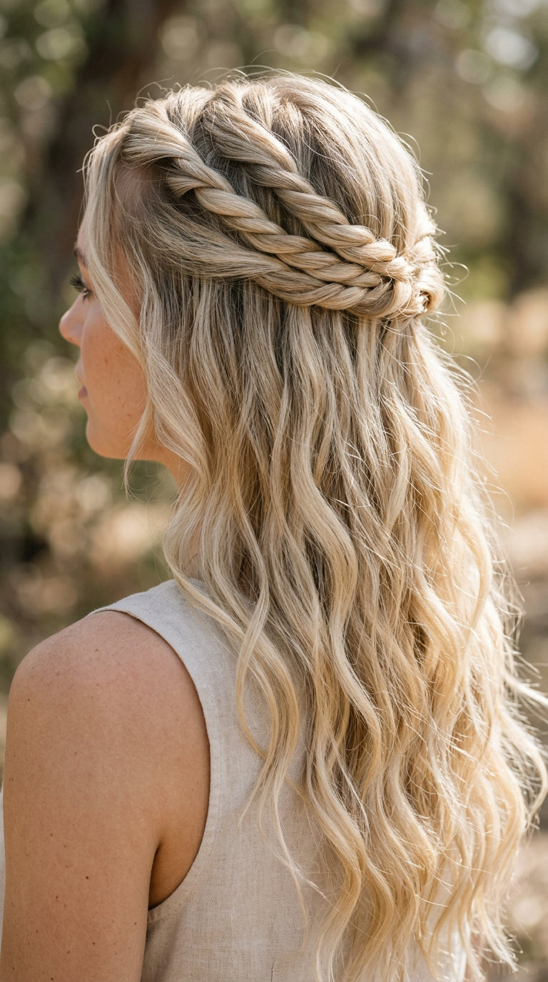 buttercream blonde twisted summer half up half down hairstyles 2026 with honey gold tones, rope twist crown, face-framing tendrils — boho beach day