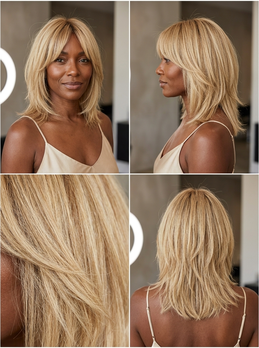 shoulder-length shag haircut warm buttercream blonde with honey babylights, curtain bangs — playful, retro