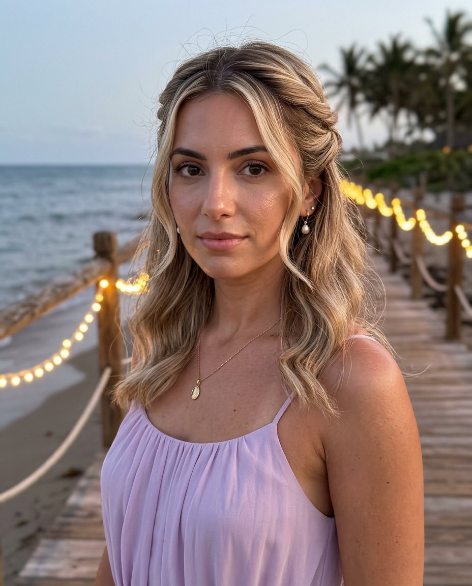 shoulder-length buttercream blonde twisted halo with vanilla highlights, face-framing tendrils for romantic date night