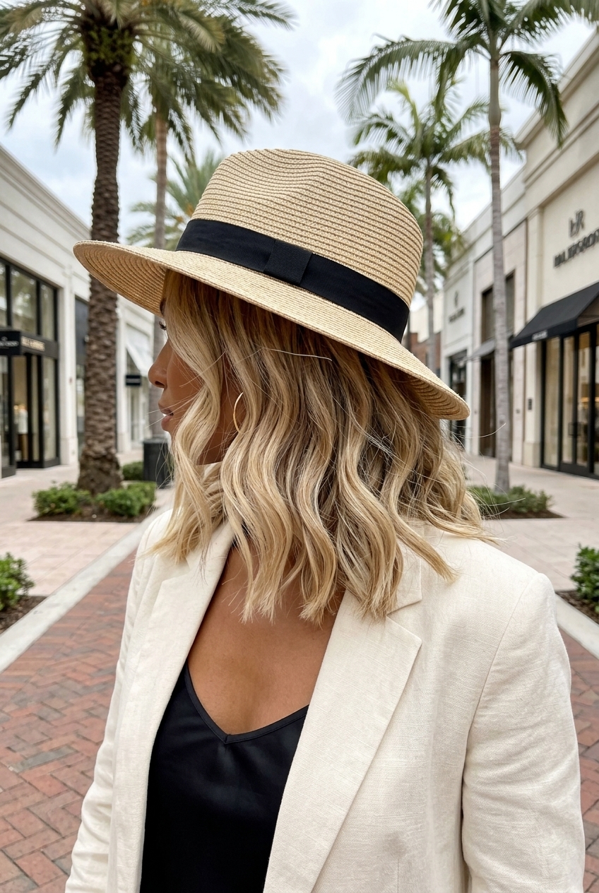 shoulder-length wavy lob with buttercream blonde and brimmed hat for brunch