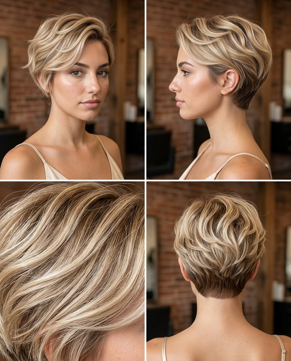 very short pixie haircut with warm buttercream blonde, champagne highlights, finger waves for summer