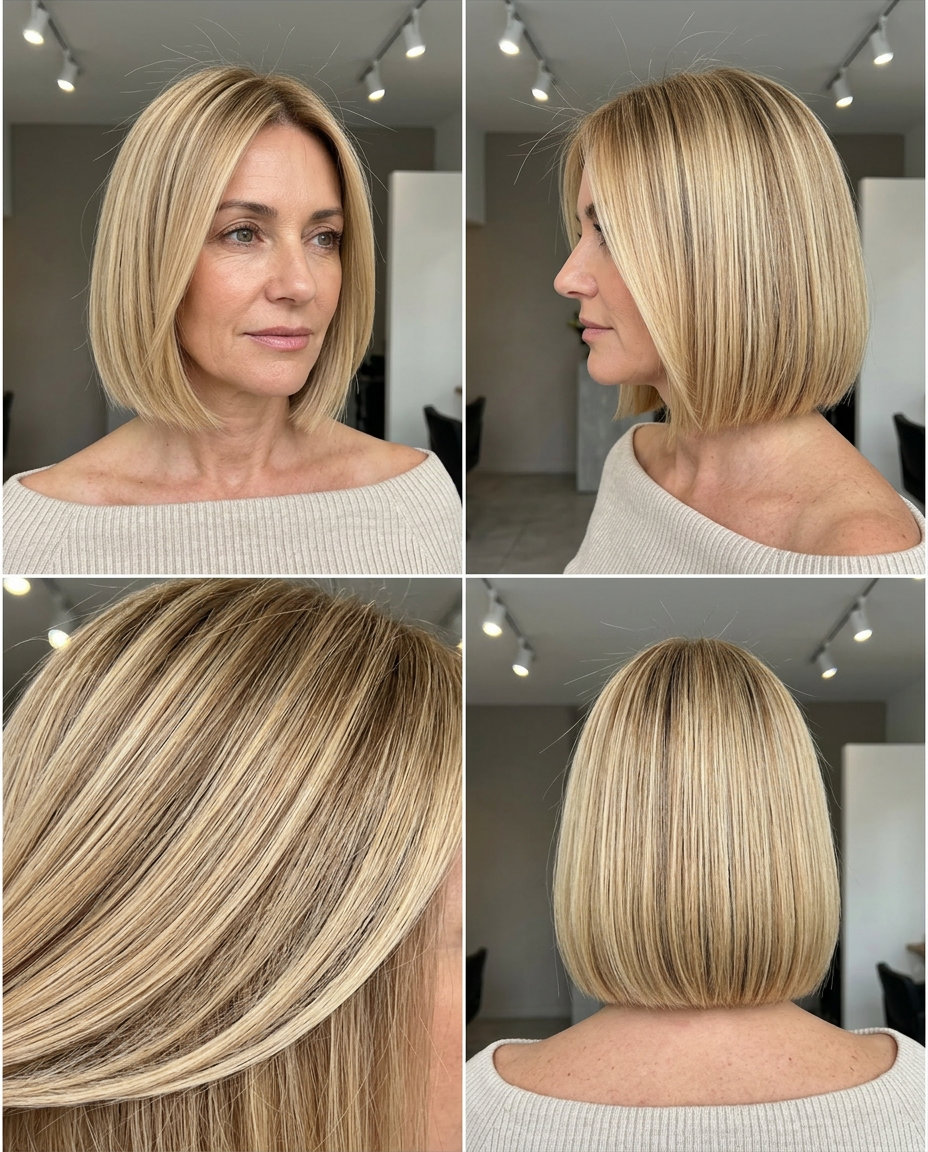 chin-length buttercream blonde bob haircut with golden babylights, dark root shadow, no fringe — sophisticated polish