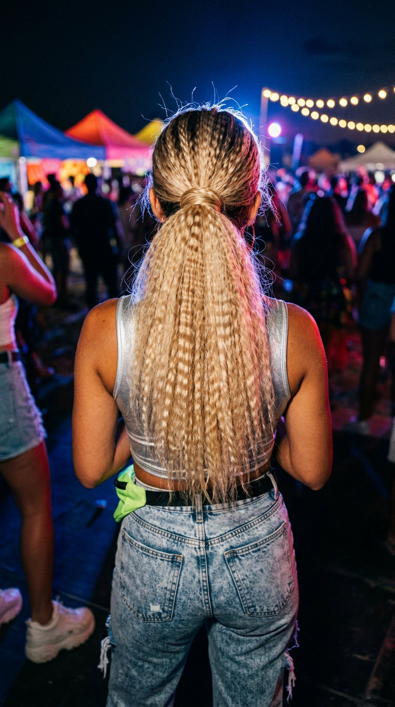 long buttercream blonde crimped ponytail with golden lowlights for summer