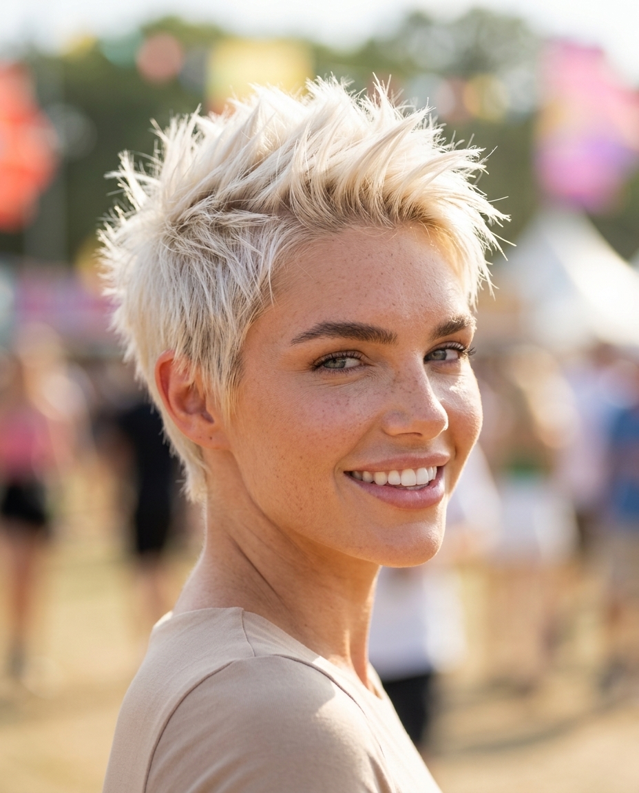 very short buttercream platinum pixie haircut with razored texture and clipper fade for edgy statement