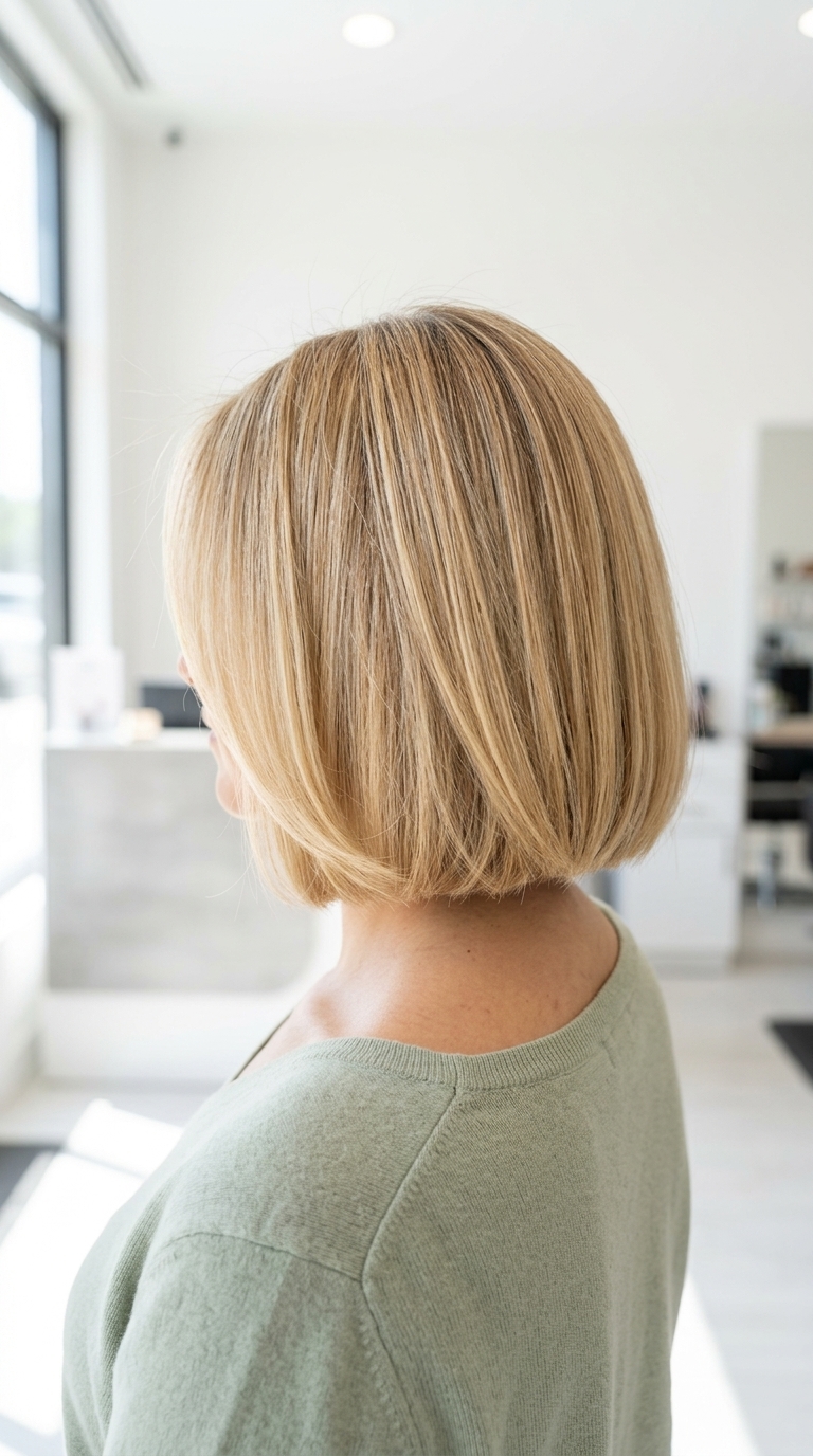 short Italian bob haircut in buttercream blonde with honey babylights, blunt perimeter, no bangs — chic effortless