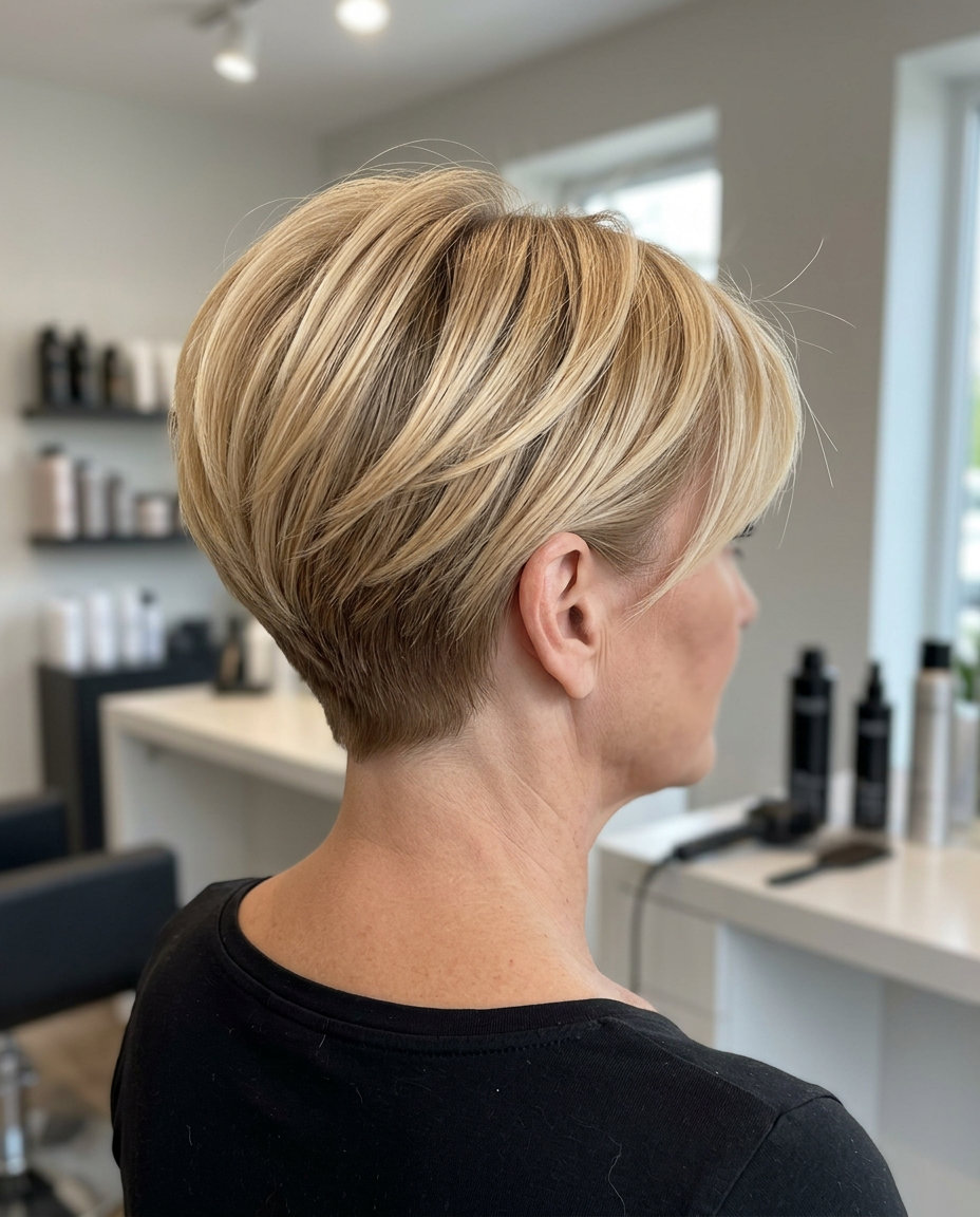 short buttercream blonde pixie haircut with honey babylights, swept-forward top, side-swept fringe — minimalist chic
