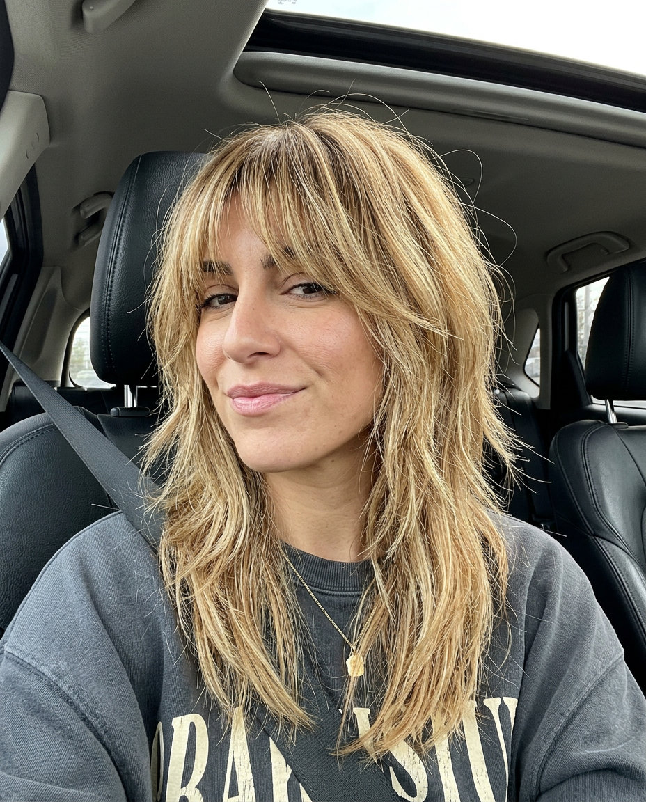Playful Buttercream Blonde Shag Haircut 2026 shoulder-length buttercream blonde shag haircut with honey lowlights, choppy fringe for festival