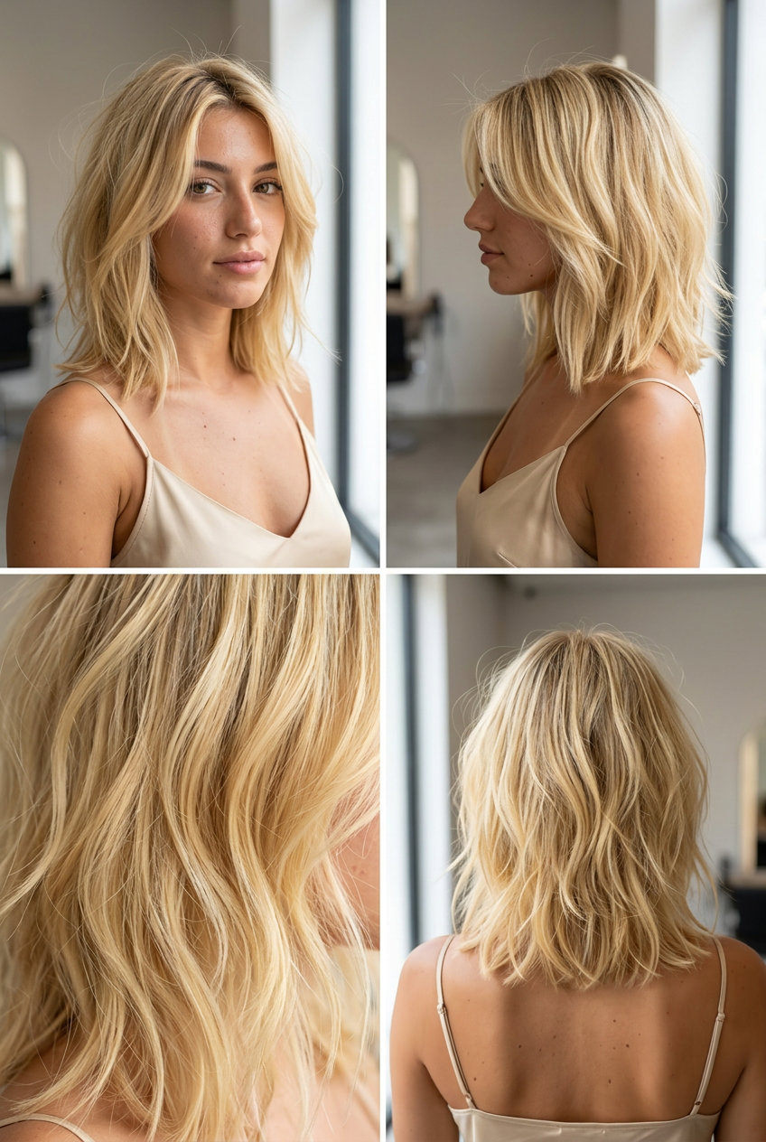 medium buttercream yellow lob with golden blonde and soft layers for sun-kissed playfulness