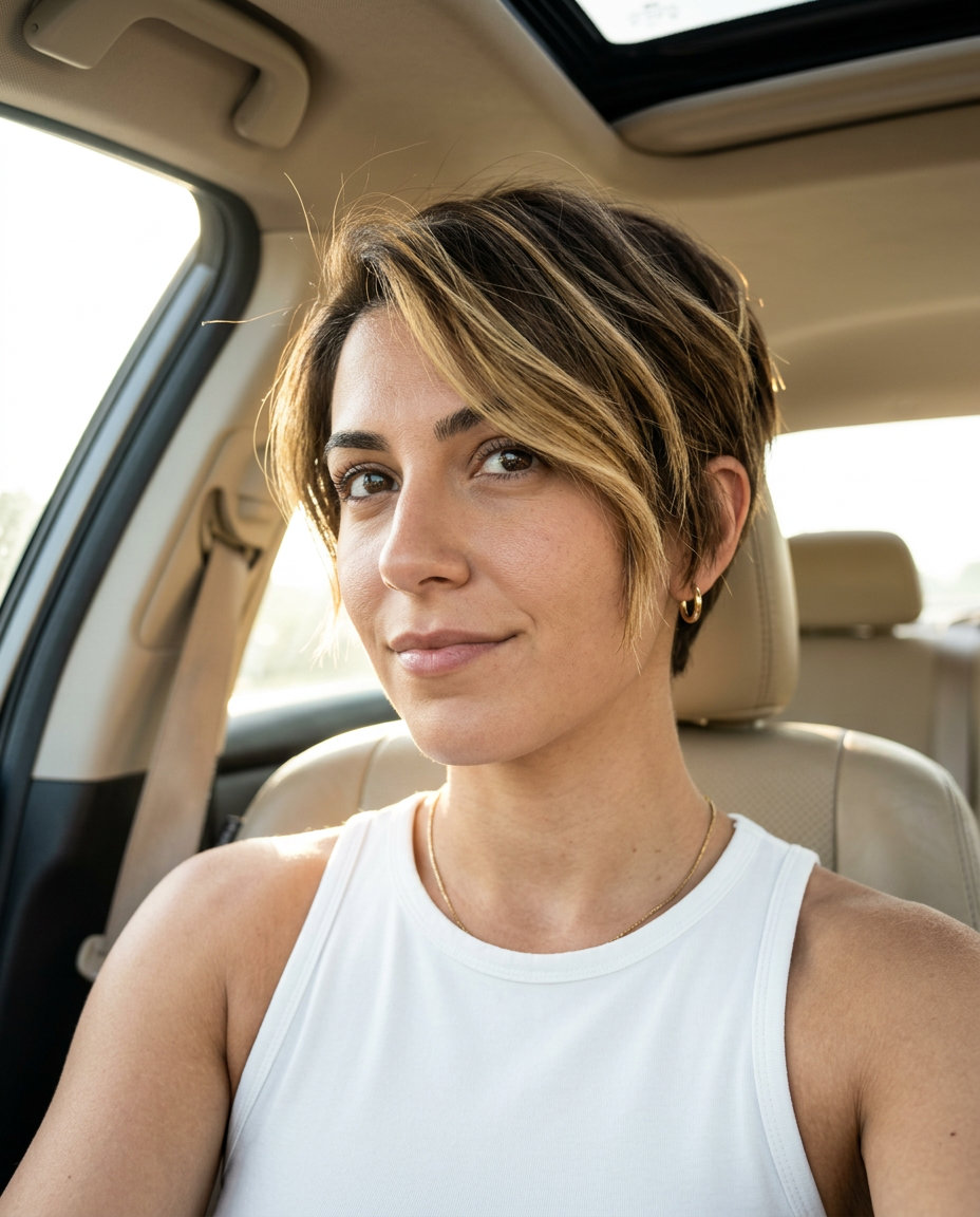 short butterscotch balayage pixie with creamy yellow-gold highlights, tapered sides, no bangs — playful youthful energetic