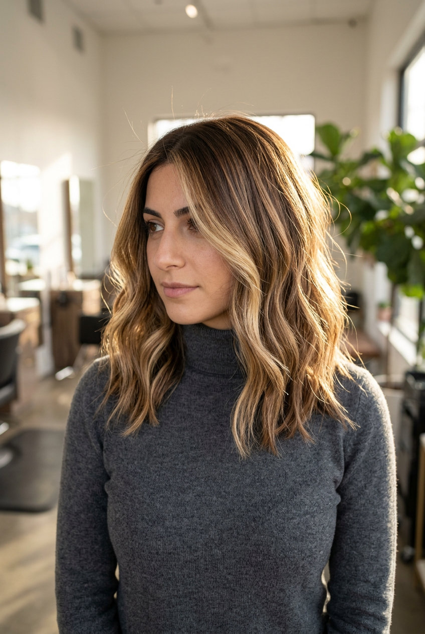 shoulder-length butterscotch balayage lob with light chocolate and golden caramel, texturized ends, no bangs — playful sun-kissed beach vacation