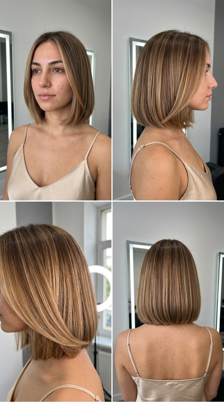 chin-length blunt bob with creamy butterscotch caramel, babylights, no bangs — chic polished bob