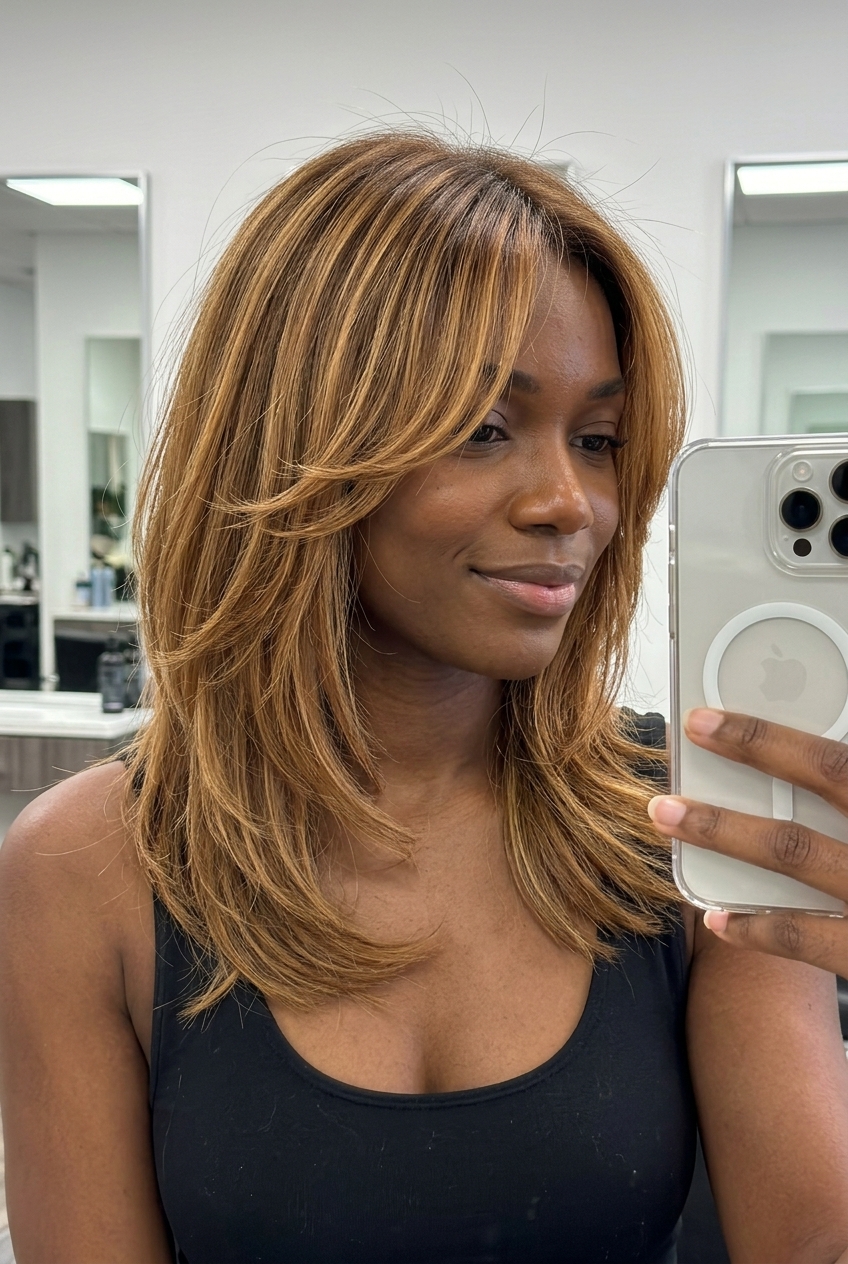 medium shag with butterscotch caramel balayage, diffused layers, curtain bangs — playful & bohemian