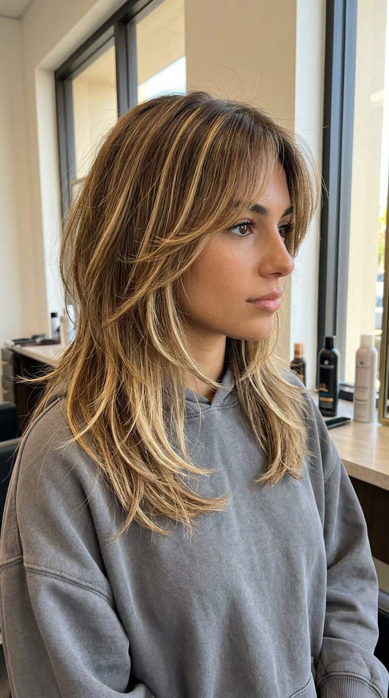 medium butterscotch shag revival with light chocolate and creamy gold highlights, wispy curtain bangs — playful bohemian festival