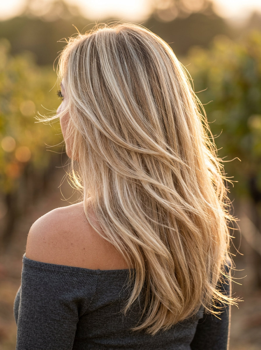 long buttery blonde layered haircut with champagne highlights and soft root smudge for date night