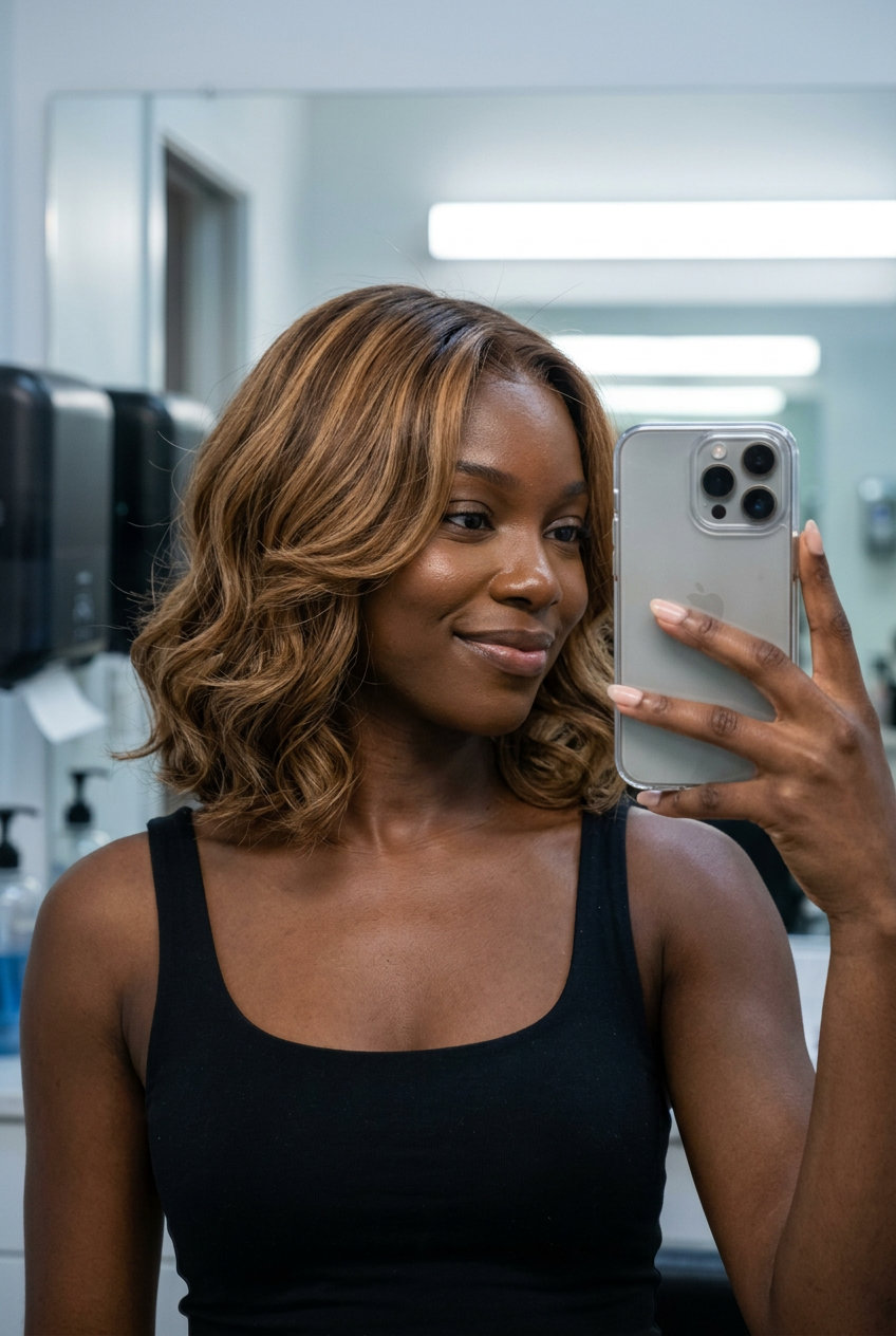 collarbone-length butterfly bob with caramel and amber balayage, soft face-framing layers, textured — romantic date night