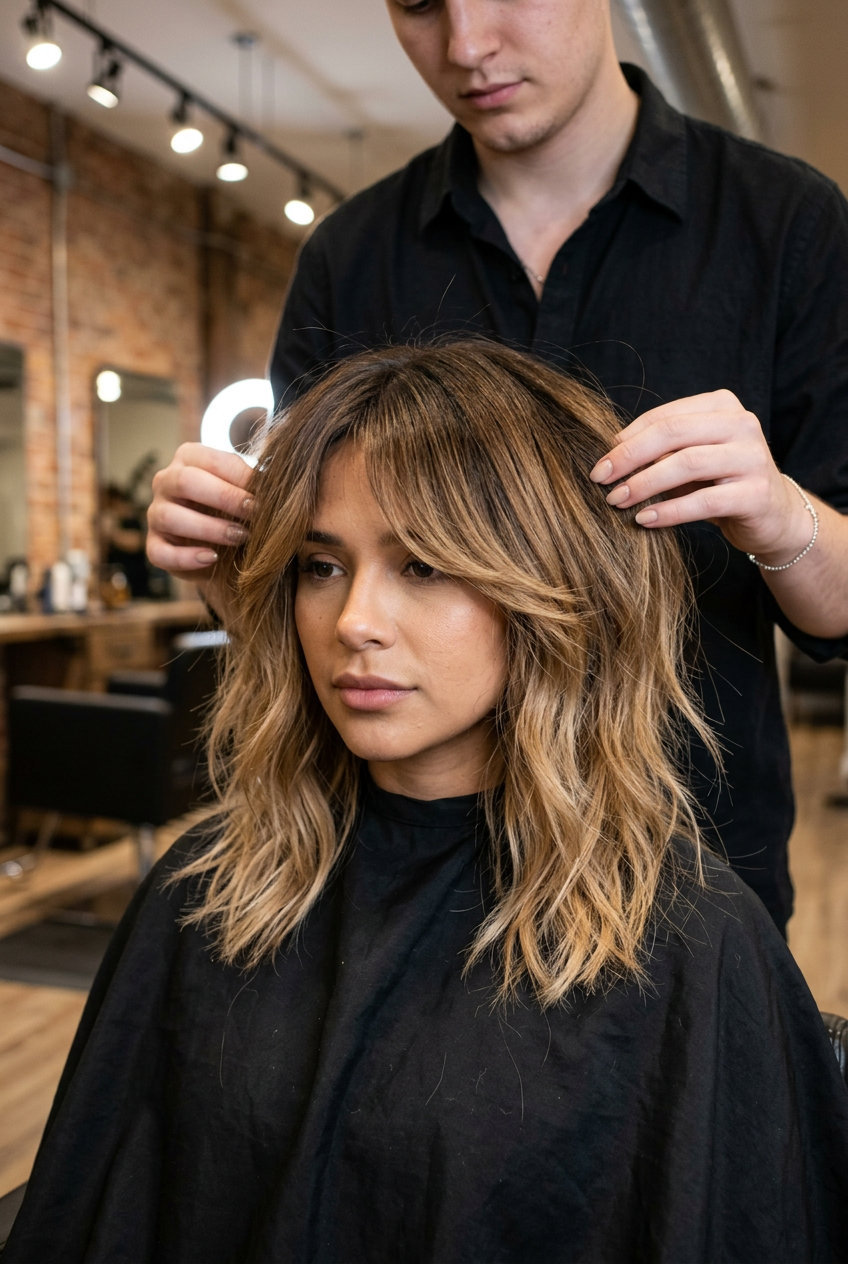 shoulder-length choppy shag haircut with warm caramel ombré, wispy curtain bangs, face-framing layers — bohemian casual