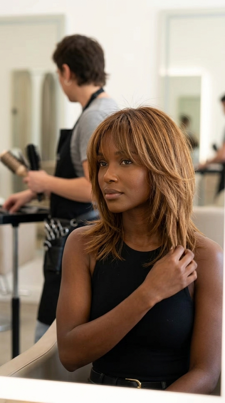 medium shag haircut in warm caramel brown with honey lowlights for casual outings