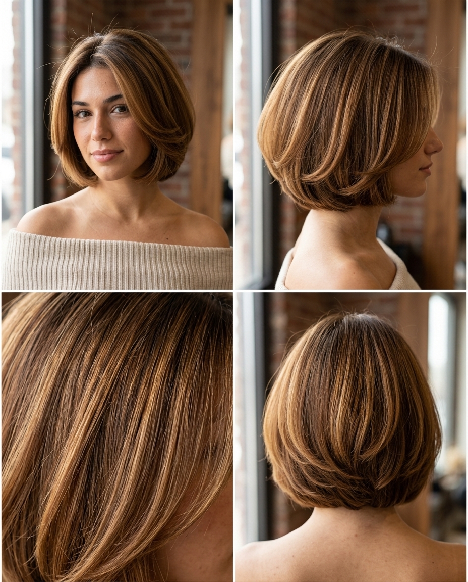 Caramel Honey Bob: Retro Glamour 2026 short italian bob haircut in caramel brown with honey highlights, rounded layers, no fringe — retro and glamorous