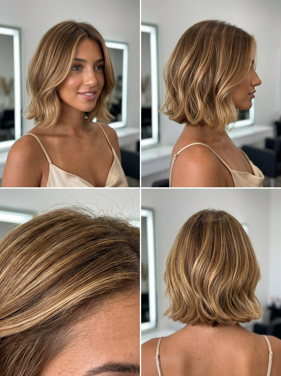 short bob haircut in warm caramel and golden blonde ombré, soft seamless layers, no bangs — playful, sunkissed