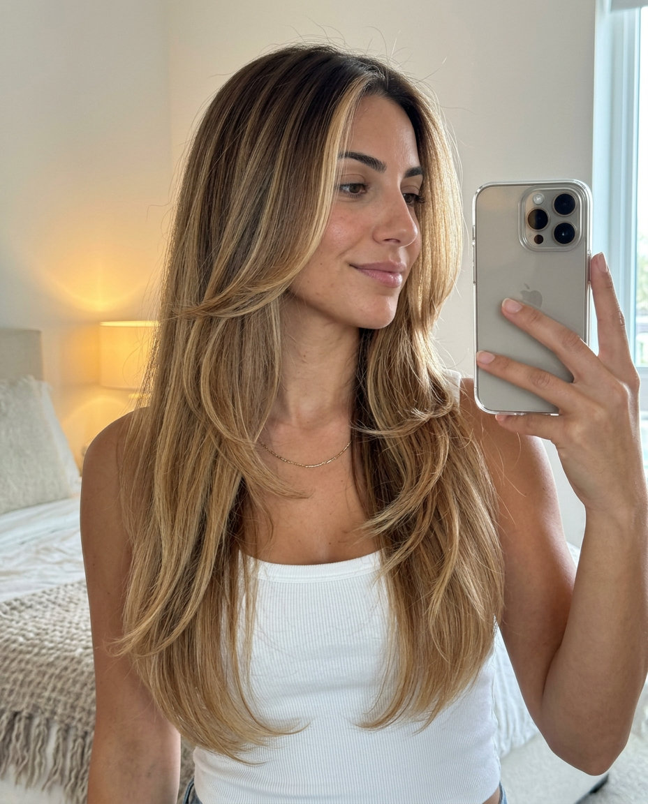 long warm caramel ombre haircut with golden blonde ends and face-framing layers for summer