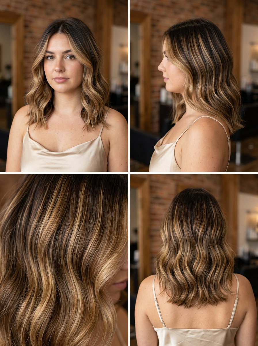 medium caramel swirl ombre with espresso root and golden caramel ribbons, romantic blend — glamorous date night look