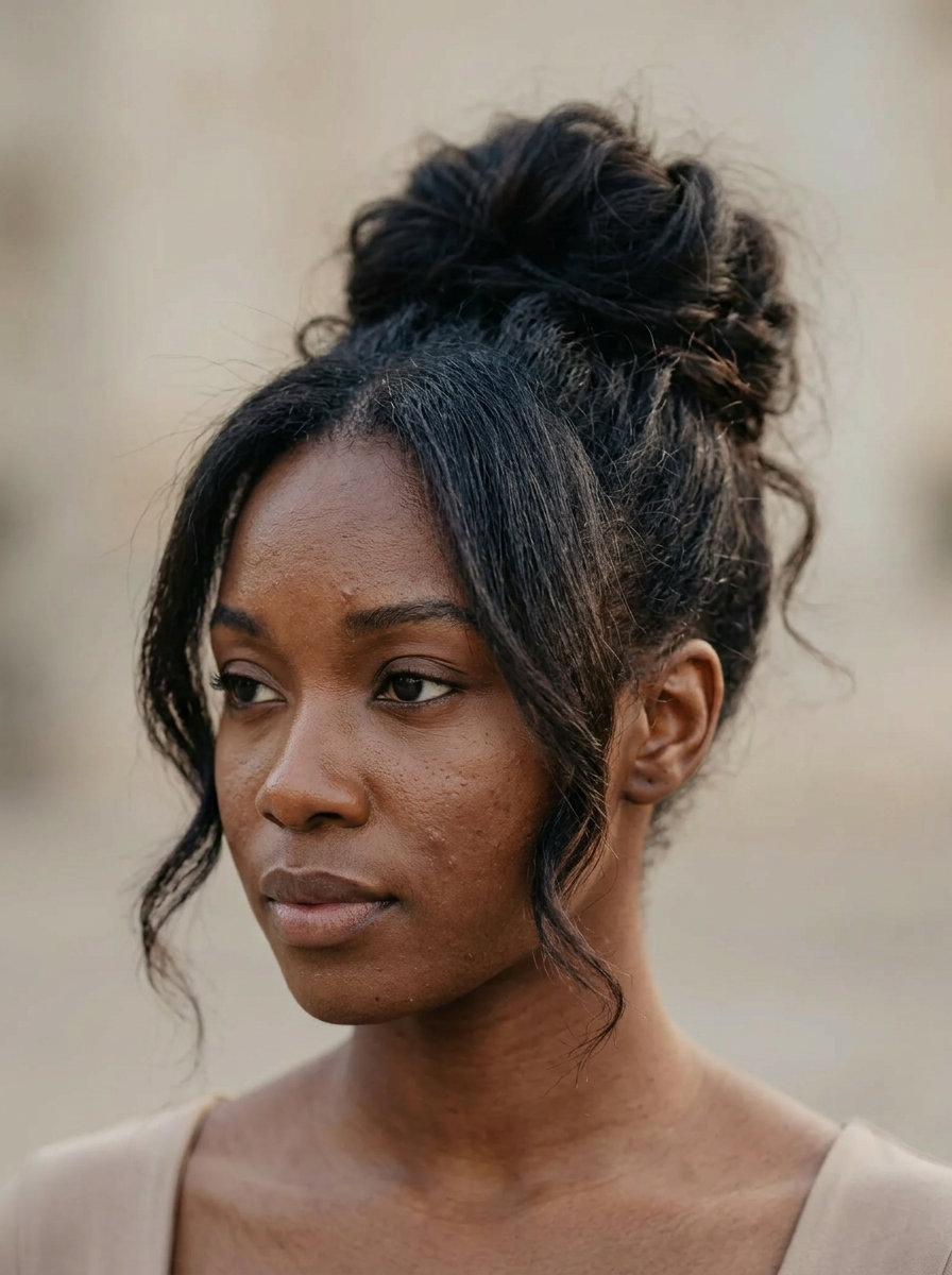 long messy bun with warm caramel ombre and face-framing tendrils for summer