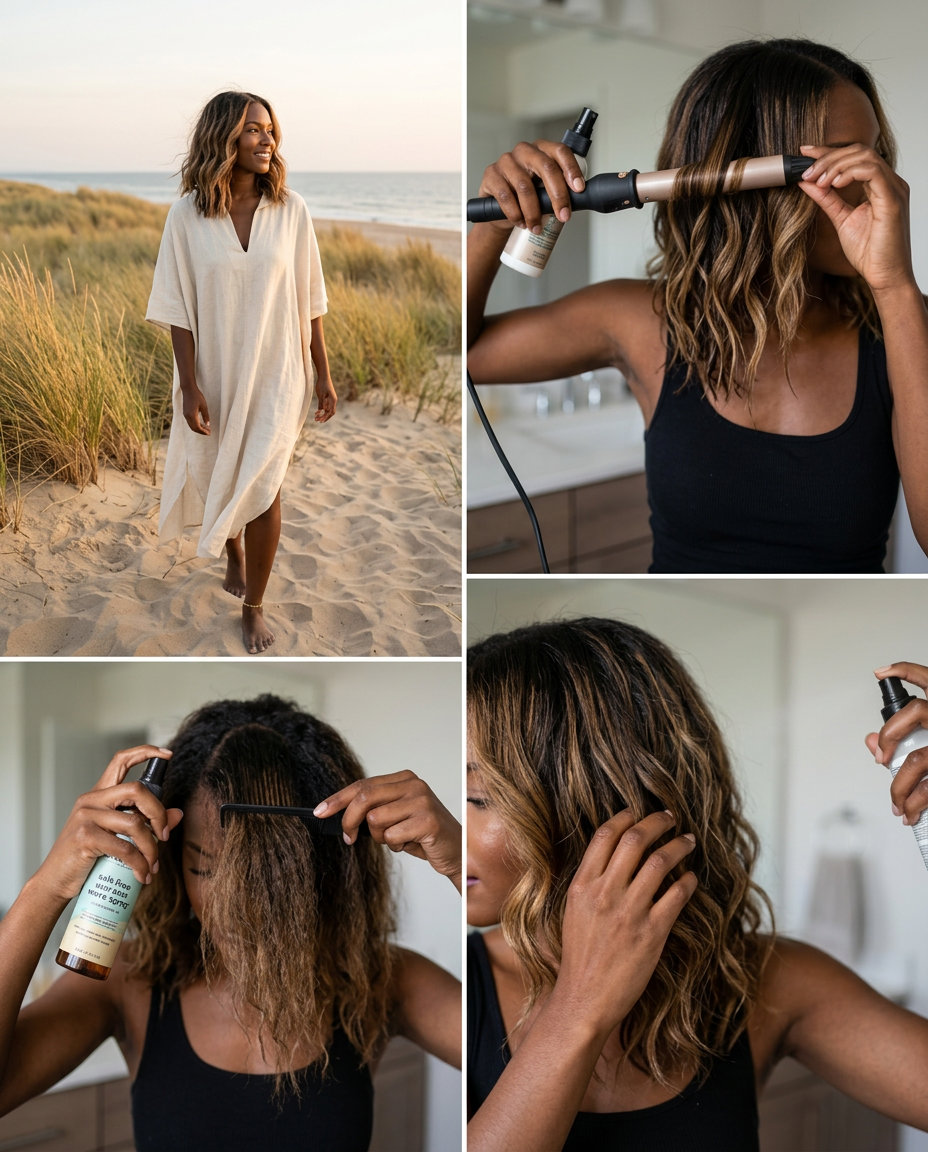 shoulder-length beach waves with sun-striped balayage and caramel tones, playful casual style for beach
