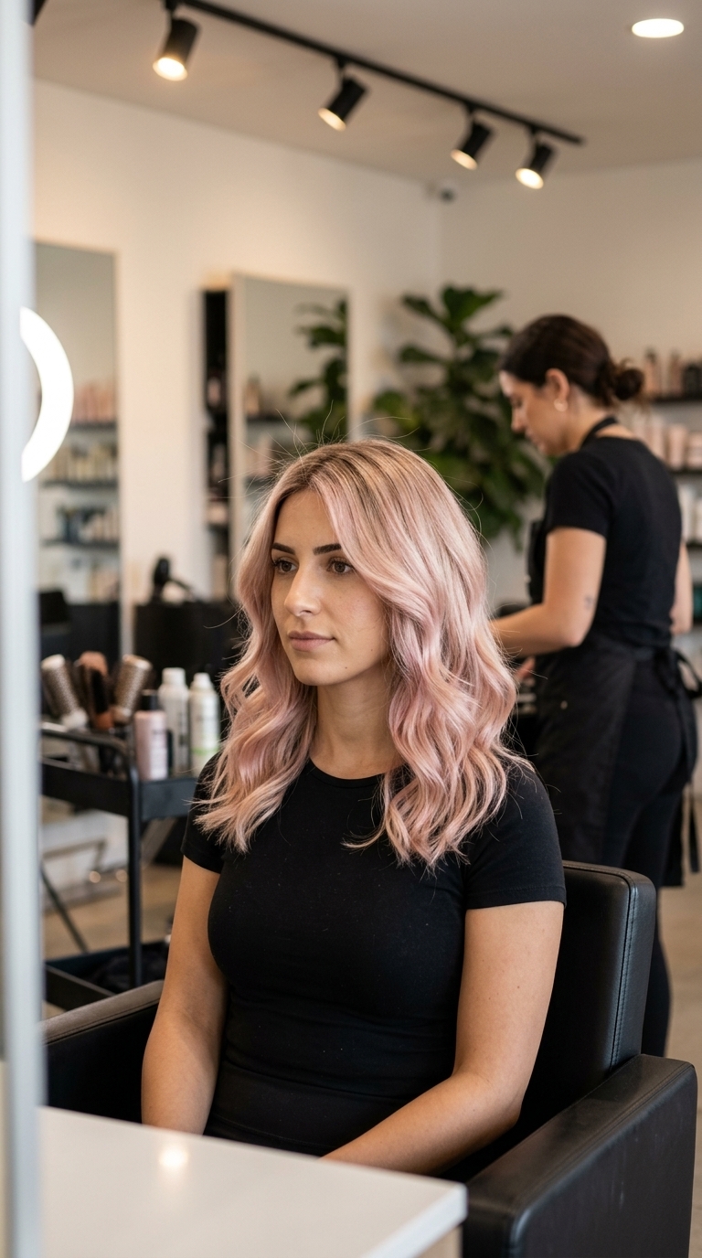 Champagne Rose Balayage 2026 long champagne blonde balayage with soft rose pink, pearly beige and airy layers — romantic ethereal