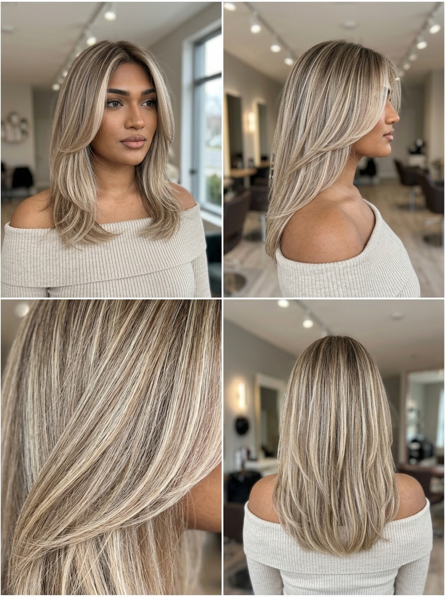 Elegant Champagne Balayage 2026: Sophisticated Summer Hair long layered champagne blonde balayage with root smudge, foilayage technique for summer 2026