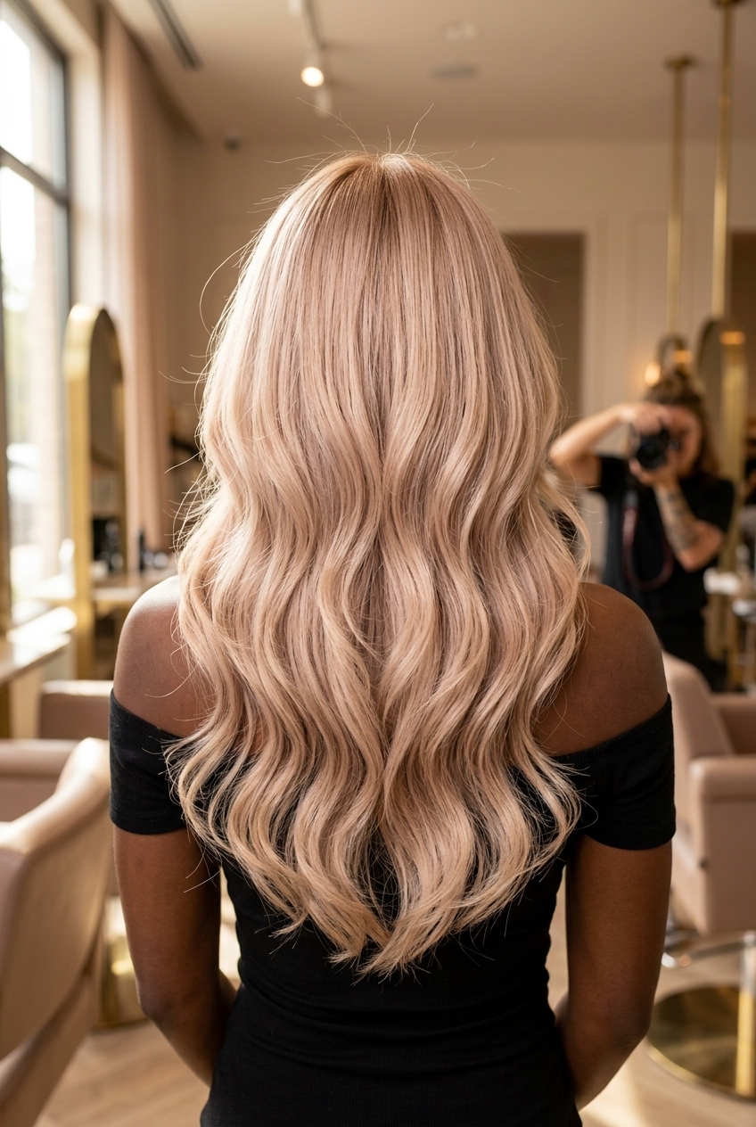 long pale beige blonde with pink undertones and golden root smudge for tousled waves