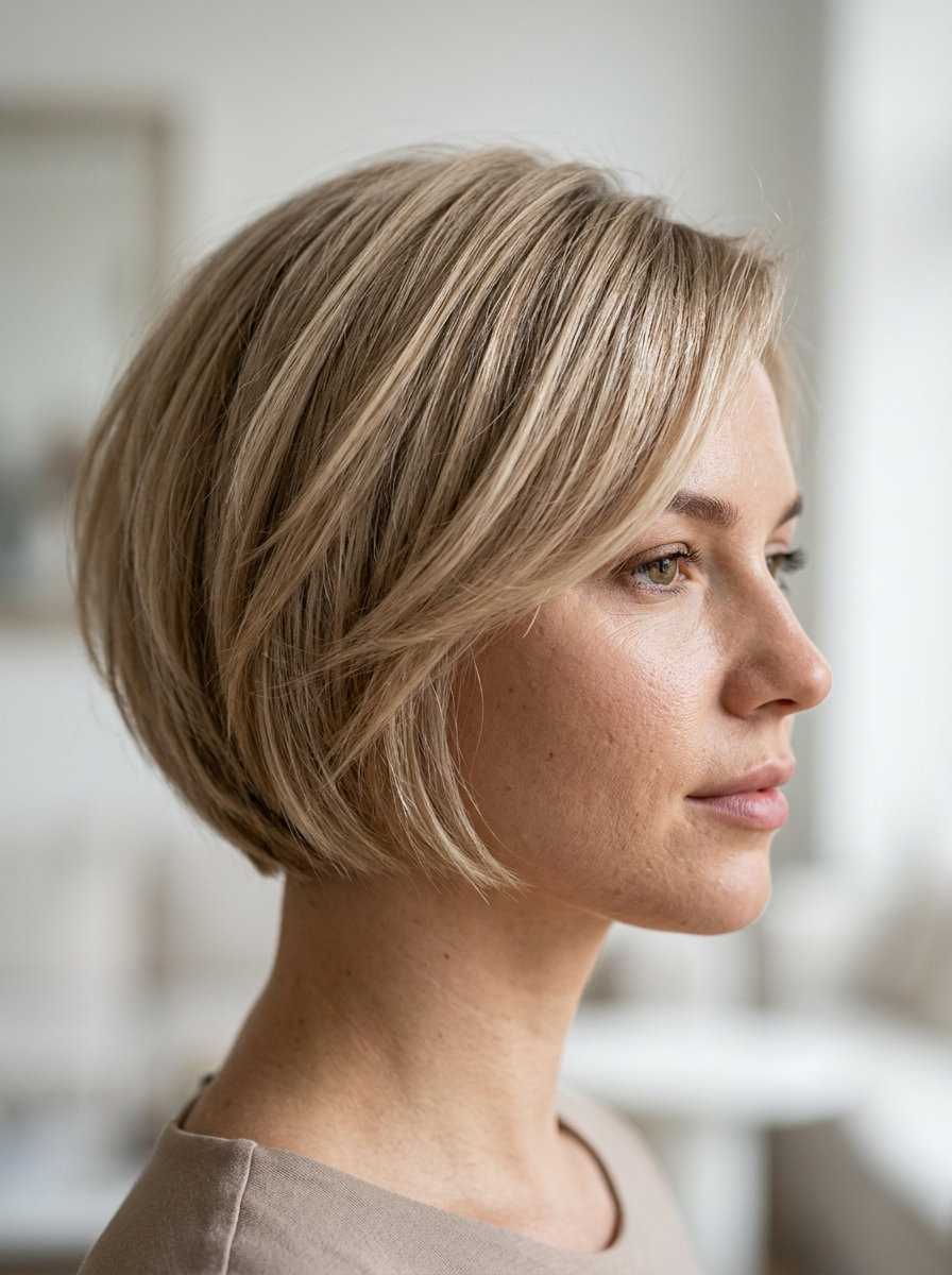 Chic Champagne Bixie Haircut 2026 short bixie haircut in champagne blonde with pearl-beige toner, sharp blunt perimeter for chic events