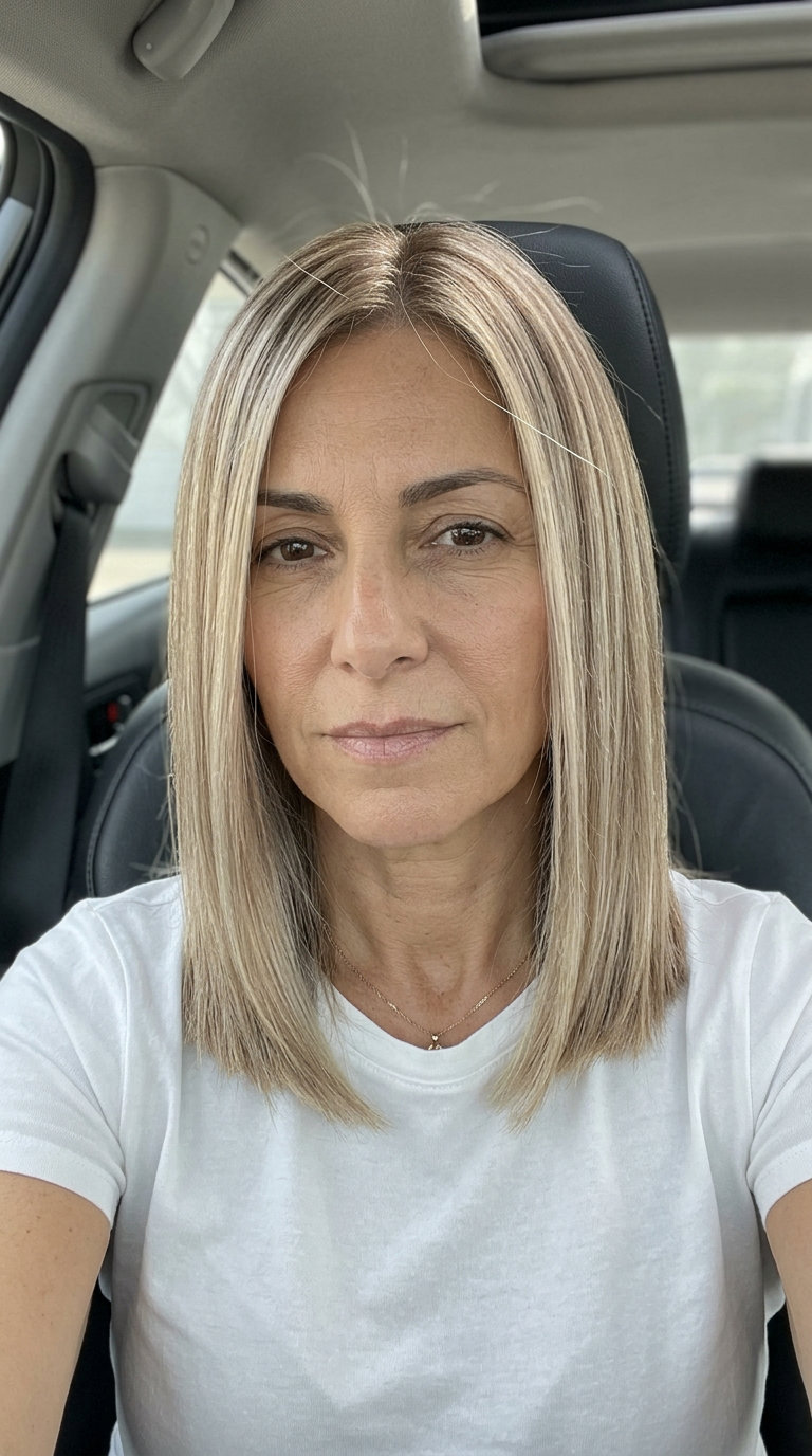 shoulder-length champagne blonde lob haircut with sand roots, blunt perimeter, no fringe — professional sophisticated
