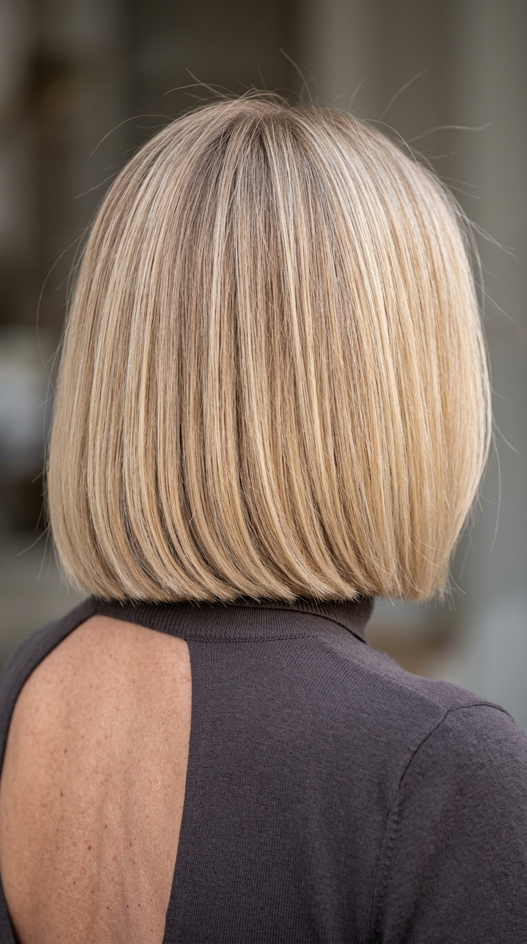 shoulder-length champagne balayage haircut with sandy roots, blunt perimeter, no fringe — elegant summer