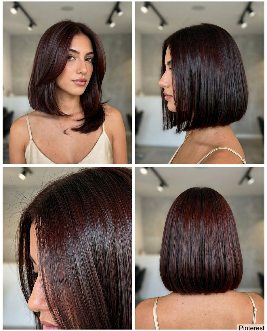 chin-length bob with glossy cherry-cola auburn color, blunt cut for sultry evenings