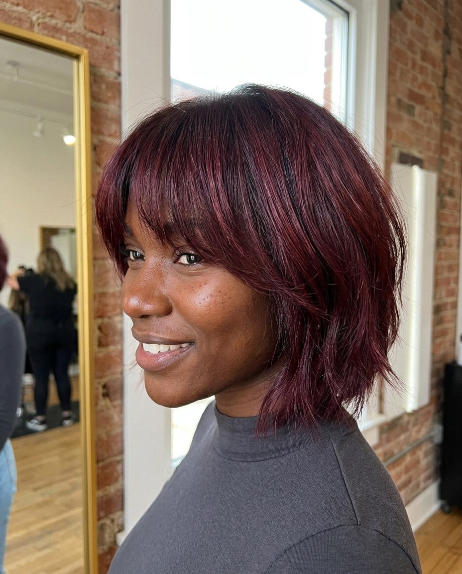 chin-length choppy shag bob with deep cherry cola red and violet-red, textured layers, full choppy fringe — bold and retro